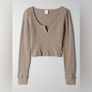 Aritzia TNA - Waffle Scoopneck Soft Knit Brown Gingham Long Sleeve Top in Size S